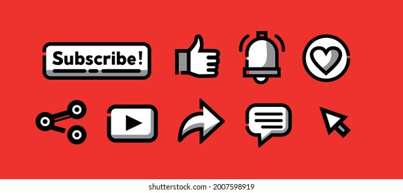 Illustration Vector Graphic icon simple  of Subscribe Button, Like, love, share, comment and Notification Bell Icon. Suitable for vlog asset.
