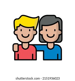 Illustration Vector Graphic Of Icon Of Two Male And Female Friends Embracing Facing Forward, Suitable For Friendship And Brotherhood Themed Designs Or Loyal Friends