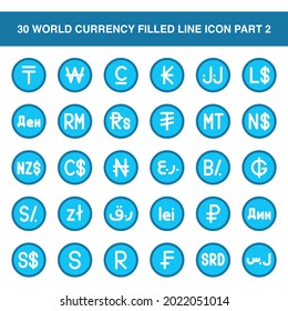 Icono gráfico vectorial de ilustración del icono de moneda mundial, parte 2. Icono de estilo de línea relleno. Ilustración vectorial aislada en fondo blanco. Perfecto para el diseño de sitios web o aplicaciones.