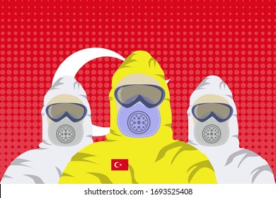 Illustration vector graphic of image health workers in protective hazmat suit isolated on Turkey flag background. Safety virus infection concept. Concept of coronavirus quarantine. covid-19.