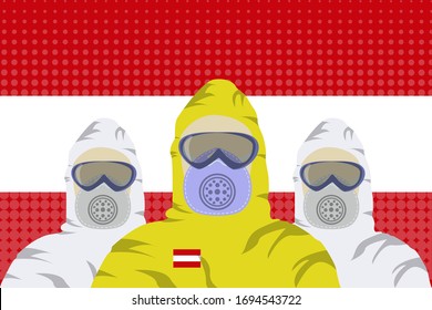 Illustration vector graphic of image health workers in protective hazmat suit isolated on Austria flag background. Safety virus infection concept. Concept of coronavirus quarantine. covid-19.