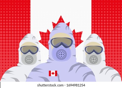 Illustration vector graphic of image health workers in protective hazmat suit isolated on Canada flag background. Safety virus infection concept. Concept of coronavirus quarantine. covid-19.