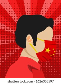 Illustration vector graphic of image man wearing china flags surgical mask to prevent Coronavirus and diseases on red retro dots background. Vector illustration of halftone pop art style. vector EPS10