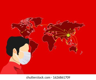 Illustration vector graphic of image man wearing surgical mask to prevent Coronavirus and diseases on red background. Flu spreading of world, China map, floating influenza virus cells. Dangerous virus