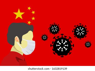 Illustration vector graphic of image man wearing surgical mask to prevent Coronavirus and diseases on  china flag background. Wuhan virus disease. Coronavirus outbreak in China. Vector EPS10.