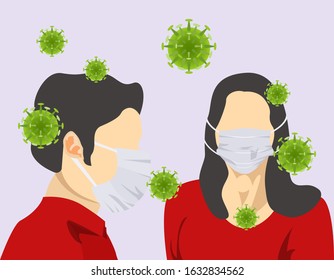 Illustration vector graphic of image man and woman wearing surgical mask to prevent Coronavirus and diseases on white background. Flu spreading of world, floating influenza virus cells. Wuhan virus.