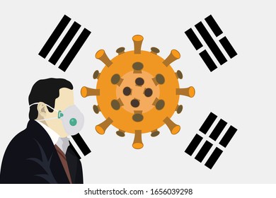 Illustration vector graphic of image man wearing surgical mask to prevent Coronavirus and diseases on south korea flag background.  Coronavirus outbreak in Korea. Vector EPS10
 