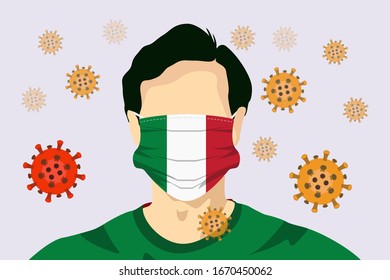 Ilustración vectorial gráfico de un hombre de imagen con la bandera italiana máscara quirúrgica para prevenir el Coronavirus y las enfermedades. Coronavirus ilustración vectorial, virus originado en Wuhan China. 
