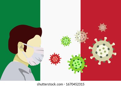Illustration vector graphic of image man wearing surgical mask to prevent Coronavirus and diseases on Itay flag background. Wuhan virus disease. Coronavirus outbreak in Italy. Vector EPS10.
  