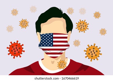 Illustration vector graphic of image man wearing USA flags surgical mask to prevent Coronavirus and diseases. Coronaviruses vector illustration, virus originate in Wuhan China.  vector EPS10