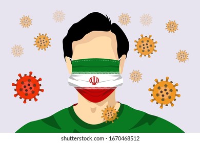 Ilustración vectorial gráfico de un hombre de imagen con la bandera de Irán máscara quirúrgica para prevenir el Coronavirus y las enfermedades. Coronavirus ilustración vectorial, virus originado en Wuhan China. EPS vectorial10.
 