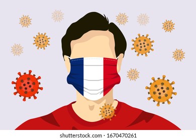 Ilustración vectorial gráfico de un hombre de imagen con bandera francesa máscara quirúrgica para prevenir el Coronavirus y las enfermedades. Coronavirus ilustración vectorial, virus originado en Wuhan China. EPS vectorial10.
