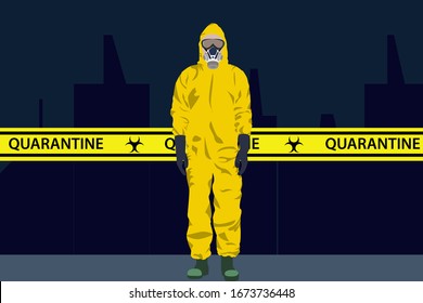 Illustration vector graphic of image man wearing hazmat suits and yellow quarantine tape isolated on empty city street background. Safety virus infection concept. Vector illustration EPS10.