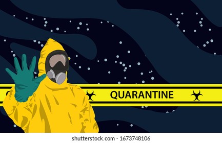 Ilustración vectorial gráfico de hombre de imagen con trajes de neblina para prevenir el Coronavirus y las enfermedades en fondo azul oscuro. Vector de cinta de cuarentena amarilla. Concepto de cuarentena del coronavirus. 