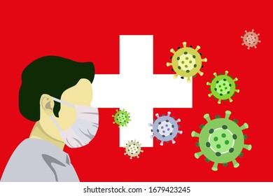 Illustration vector graphic of image man wearing surgical mask to prevent Coronavirus and diseases on  Switzerland flag background. Wuhan virus disease. Coronavirus outbreak in Switzerland. 