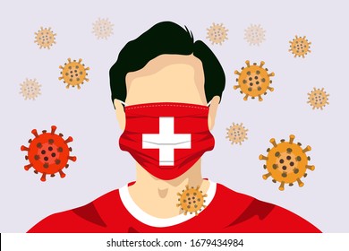 Ilustración vectorial gráfico de un hombre de imagen con Suiza banderas máscara quirúrgica para prevenir el Coronavirus y las enfermedades. Coronavirus ilustración vectorial, virus originado en Wuhan China.