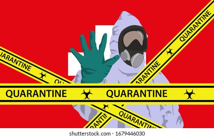 Illustration vector graphic of image man wearing hazmat suits to prevent Coronavirus and diseases on Switzerland flag background. Vector of yellow quarantine tape. covid-19.