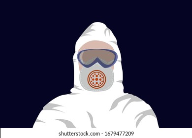 Illustration Vektorillustration-Grafik des Bildmanns in Schutzanzüge, einzeln auf dunkelblauem Hintergrund. Vektorillustration-Illustration von weißem Hazmat.Konzept einer sicheren Virusinfektion. Vektorillustration, Abbildung EPS10.