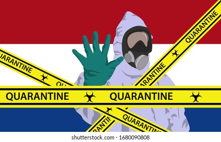 Illustration vector graphic of image man wearing hazmat suits to prevent Coronavirus and diseases on Netherlands flag background. Vector of yellow quarantine tape. Concept of covid-19 quarantine.