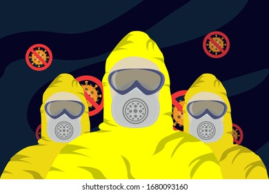 Illustration vector graphic of image man in protective hazmat suit and no virus sign isolated on dark blue background. Vector illustration of yellow hazmat. Safety virus infection concept.