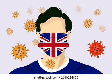 Illustration vector graphic of image man wearing United Kingdom flags surgical mask to prevent Coronavirus and diseases. Coronaviruses vector illustration, virus originate in Wuhan China.