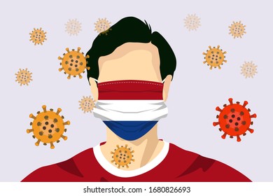 Illustration vector graphic of image man wearing Netherlands flags surgical mask to prevent Coronavirus and diseases. Coronaviruses vector illustration, virus originate in Wuhan China.