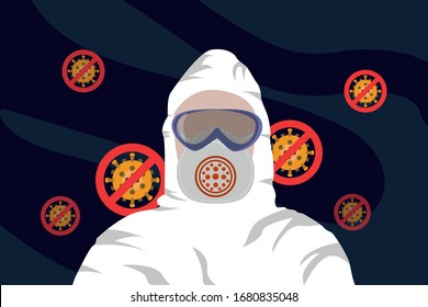 Illustration vector graphic of image man in protective hazmat suit and no virus sign isolated on dark blue background. Vector illustration of white hazmat. Safety virus infection concept.