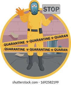 Illustration vector graphic of image man wearing yellow protective suit to prevent Coronavirus and diseases on street background with yellow quarantine tape. Concept of covid-19 quarantine.