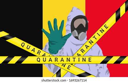 Illustration vector graphic of image man wearing hazmat suits to prevent Coronavirus and diseases on Belgium flag background. Vector of yellow quarantine tape. Concept of covid-19 quarantine.