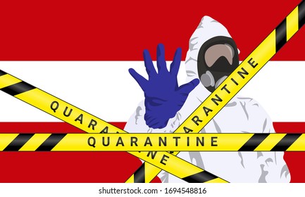 Illustration vector graphic of image man wearing hazmat suits to prevent Coronavirus and diseases on Austria flag background. Vector of yellow quarantine tape. Concept of covid-19 quarantine.