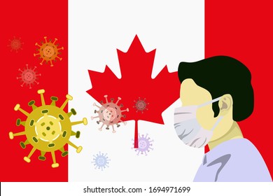 Illustration vector graphic of image man wearing surgical mask to prevent Covid-19 and diseases on Canada flag background. Wuhan virus disease. Coronavirus outbreak in Canada.