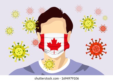 Illustration vector graphic of image man wearing Canada flags surgical mask to prevent Covid-19 and diseases. Coronaviruses vector illustration, virus originate in Wuhan China.