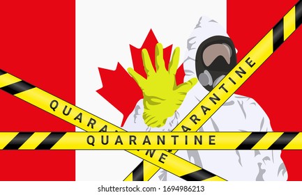Illustration vector graphic of image man wearing hazmat suits to prevent Coronavirus and diseases on Canada flag background. Vector of yellow quarantine tape. Concept of covid-19 quarantine.