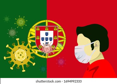Illustration vector graphic of image man wearing surgical mask to prevent Covid-19 and diseases on Portugal flag background. Wuhan virus disease. Coronavirus outbreak in Portugal.