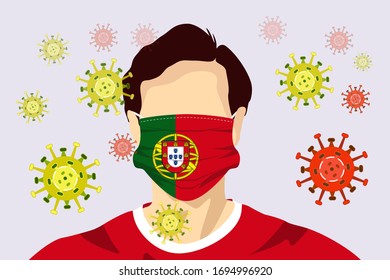 Ilustración vectorial gráfico de un hombre de imagen con la bandera portuguesa máscara quirúrgica para prevenir el Covid-19 y las enfermedades. Coronavirus ilustración vectorial, virus originado en Wuhan China.