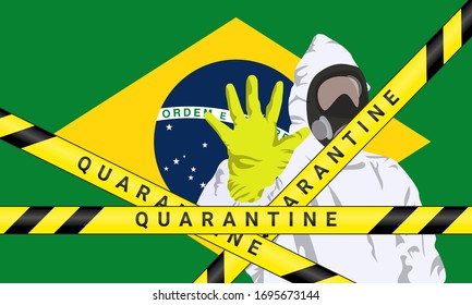 Ilustración vectorial gráfico de un hombre de imagen con trajes de neblina para prevenir el Coronavirus y las enfermedades en el fondo de la bandera de Brasil. Vector de cinta de cuarentena amarilla. Concepto de cuarentena de covid-19.