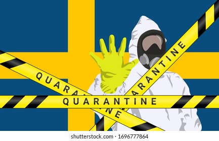 Illustration vector graphic of image man wearing hazmat suits to prevent Coronavirus and diseases on Sweden flag background. Vector of yellow quarantine tape. Concept of covid-19 quarantine.