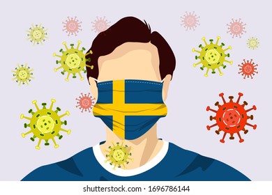 Illustration vector graphic of image man wearing Sweden flags surgical mask to prevent Covid-19 and diseases.