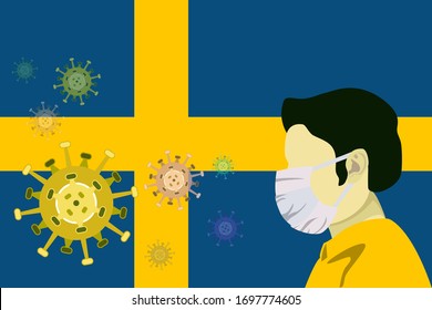 Illustration vector graphic of image man wearing surgical mask to prevent Covid-19 and diseases on Sweden flag background. covid-19 outbreak in Sweden.