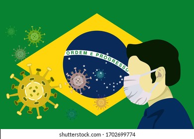 Illustration vector graphic of image man wearing surgical mask to prevent Covid-19 and diseases on Brazil flag background. Covid-19 outbreak in Brazil. vector EPS 10.