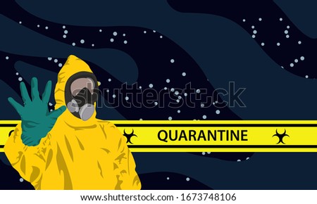 Illustration vector graphic of image man wearing hazmat suits to prevent Coronavirus and diseases on dark blue background. Vector of yellow quarantine tape. Concept of coronavirus quarantine. 