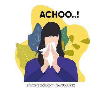 Ilustración vectorial gráfico de la imagen de una mujer estornuda belleza aislado arte sobre fondo blanco. Estornudos, gripales, vectores de enfermedades. Ilustración plana. Es bueno para el fondo de la plantilla, banner, afiche, etc. 
