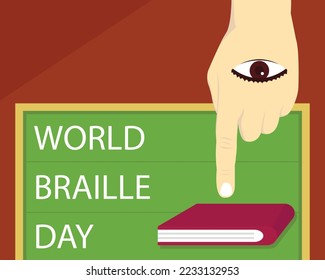 illustration vector graphic of the index finger is pointing at a book, perfect for international day, world braille day, celebrate, greeting card, etc.