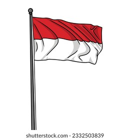 Illustration vector graphic of Indonesian flag in red and white colors tied to a pole and fluttering in the wind. great for design elements, symbols, design assets, and more