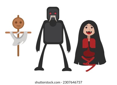Illustration vector graphic of Indonesian ghost, kuyang, genderuwo, and jailangkung.Good for making stikers or children's book characters.
