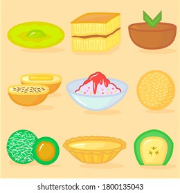 Illustration vector graphic of indonesian traditional food set. Name of picture from left to the right; kue ape, martabak manis, dodol, pukis, es serut, onde-onde, klepon, pai susu, and pisang ijo.