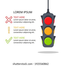 Illustration Vector Graphic of infographic traffic light sign in Cartoon with symbol in yellow, red, and green color. stop, warning, and go sign, perfect for presentation and campaign