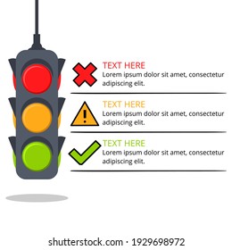 Illustration Vector Graphic of infographic traffic light sign in Cartoon with symbol in red, yellow, and green color. stop, warning, and go sign, perfect for presentation, campaign, and poster
