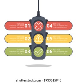 Illustration Vector Graphic of infographic traffic light with symbol in yellow, red, and green color. stop, warning, and go sign in Cartoon, perfect for poster, presentation, and campaign