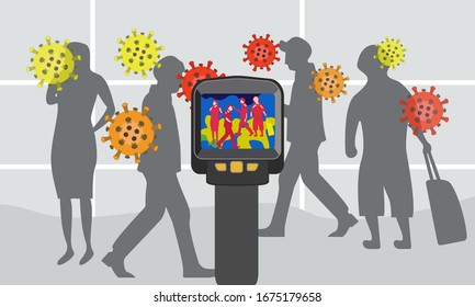 Illustration vector graphic of  Infrared Thermal Camera scanner detecting infected people with Covid-19. Device for controlling temperature on surfaces and people with high temperature in a crowd.